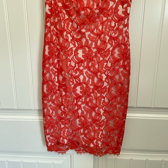 Tadashi Shoji orange red illusion lace midi dress size 2 - Picture 4 of 9